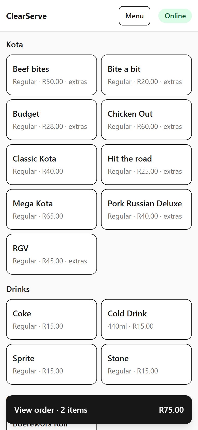 The ClearServe till on a phone, showing menu items and the current order